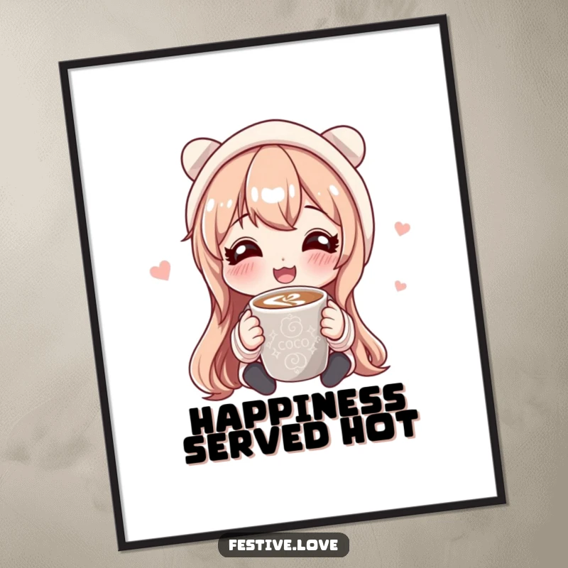 Funny digital art print of a character joyfully sharing a mug of hot cocoa, creating a warm, inviting, and friendly atmosphere.