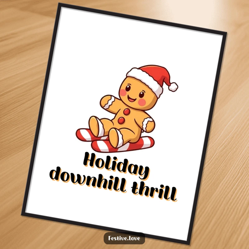 Funny gingerbread man digital art print of a cookie sliding down a candy cane, ideal for holiday decor.