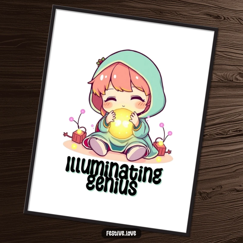 Funny character playing with a ball of glowing, festive lights, as digital art, a humorous and festive printable gift.