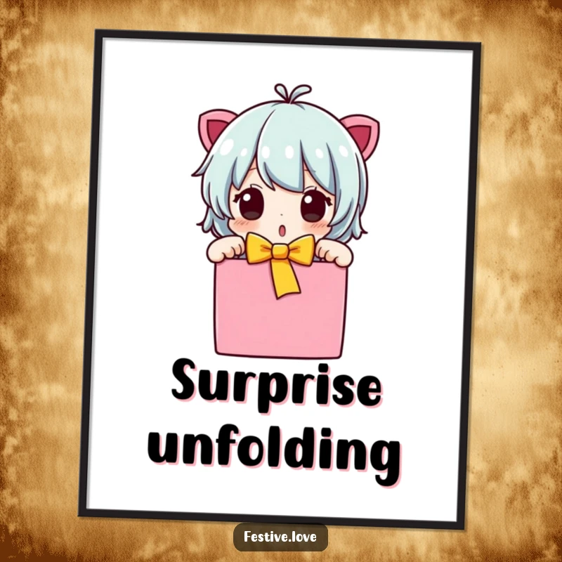 Funny character unwrapping gift digital art print, surprised expression, bright colors, for joyful decor, a wonderful funny gift.