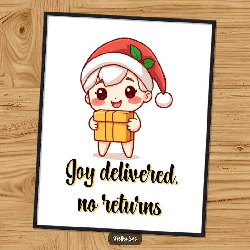Funny Santa digital art print of a cute character in a Santa hat, smiling and delivering a gift box, instant download.