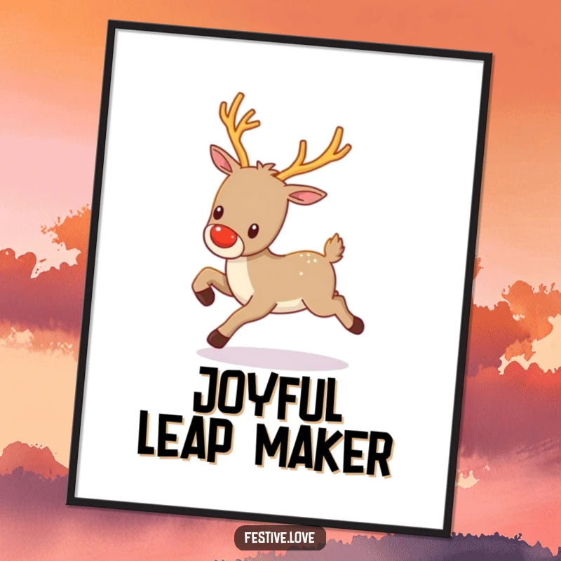 Funny kawaii reindeer with twinkling antlers, prancing gleefully, available as a high-resolution digital art print.