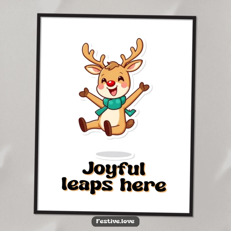 Funny digital art print of a cheerful reindeer captured in a lively, joyful leap, radiating holiday cheer.