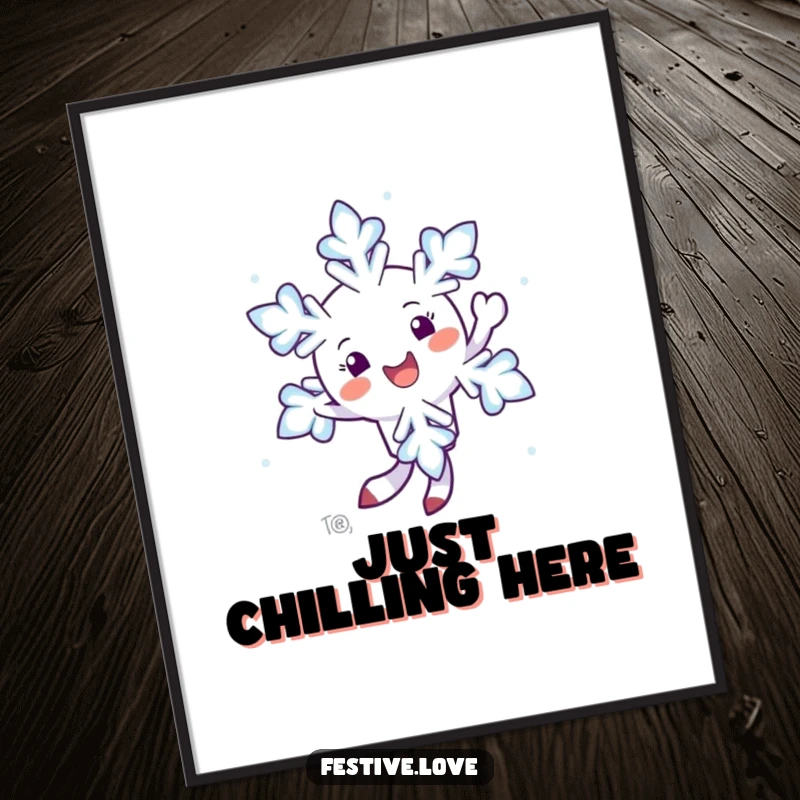 Funny digital art print of a happy snowflake character twirling in the air, symbolizing whimsical winter joy.