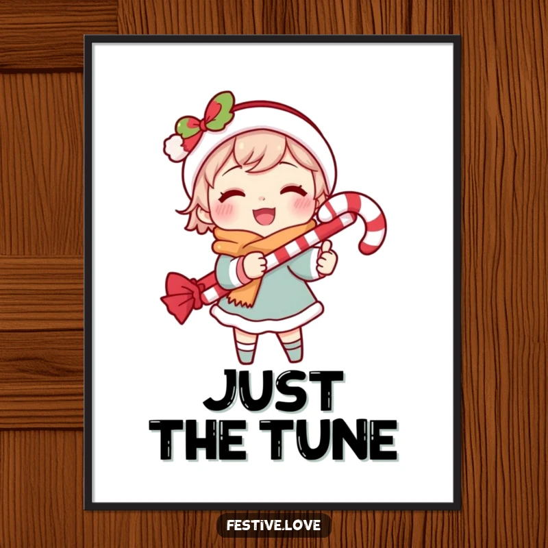 Funny digital art print of a character joyfully caroling with a candy cane, ready to be printed and displayed.