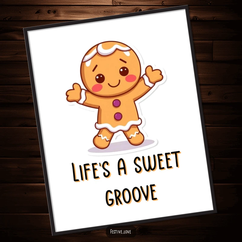 Funny gingerbread man digital art print of a smiling character dancing with frosting accents, instant download.