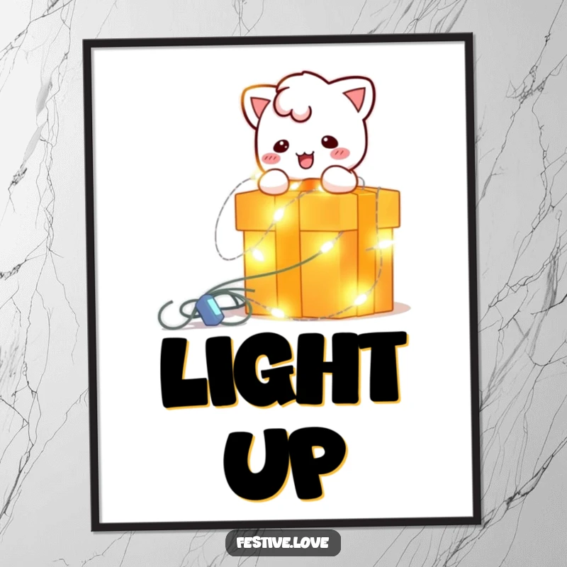 Funny digital art print of a bright, blinking string light character playfully wrapping a gift box, ideal for digital holiday decor.
