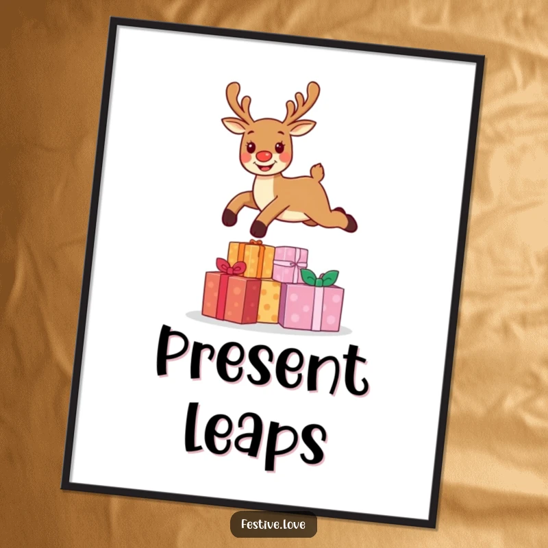 Funny digital art print of a cheerful reindeer character leaping dynamically over a stack of Christmas presents, ideal for festive virtual backgrounds.