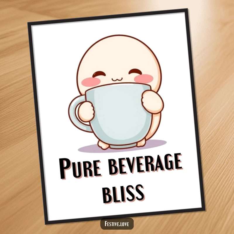 Funny digital art print of a round, rosy-cheeked character hugging a steaming mug with pure delight, ideal for instant decor.
