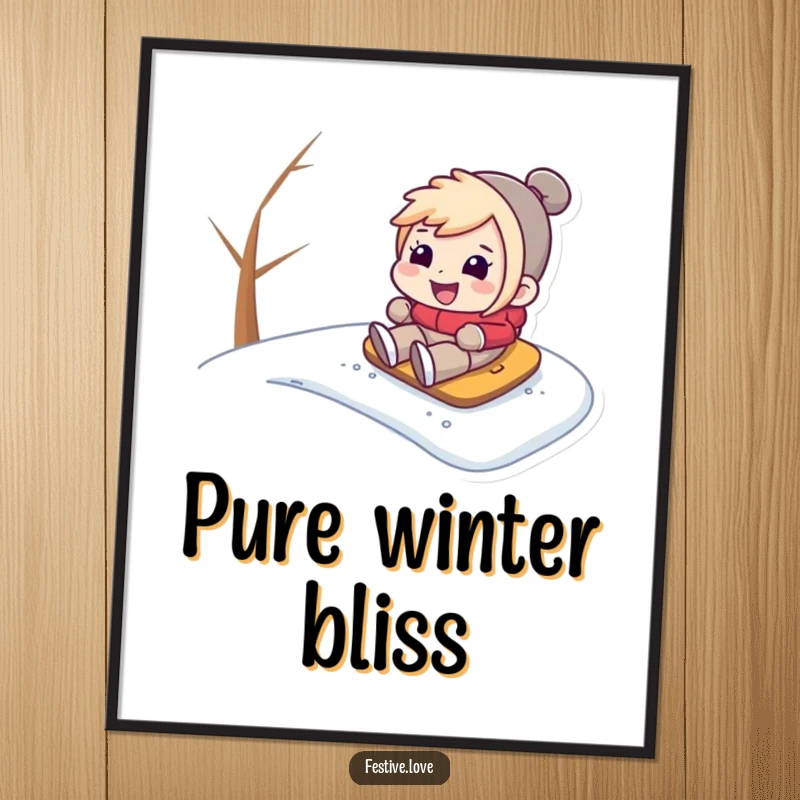 Funny digital art print of a character gleefully sledding down a snowy hill, capturing winter excitement and pure outdoor fun.