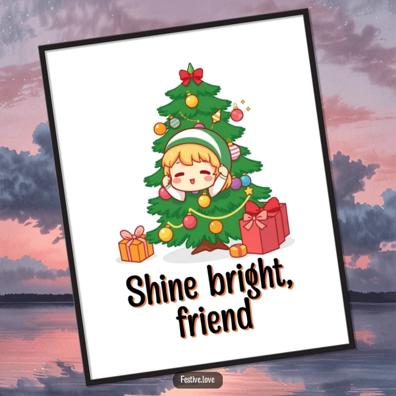 Funny digital art print of a character decorating a Christmas tree, capturing holiday spirit and festive joy for instant wall decor.