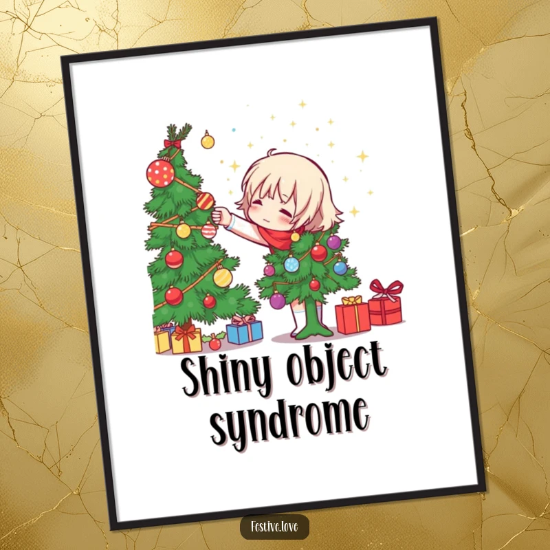 Funny character decorating a Christmas tree, gleefully tossing sparkly ornaments, as digital art, a humorous and festive printable gift.