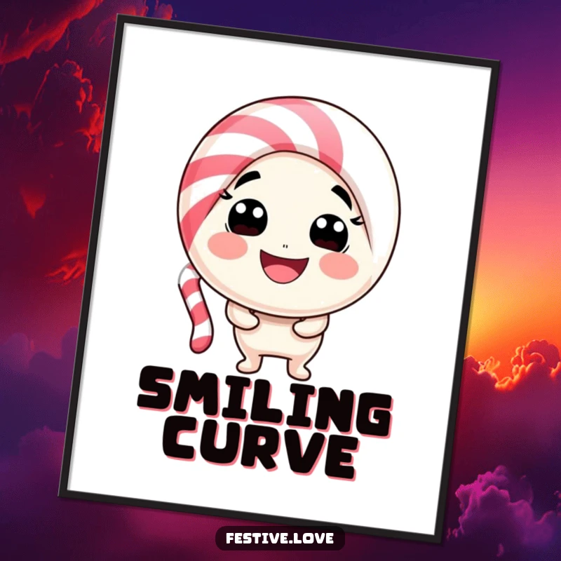 Funny candy cane character digital art print bending into a sweet smile, bringing instant holiday cheer and playful art.