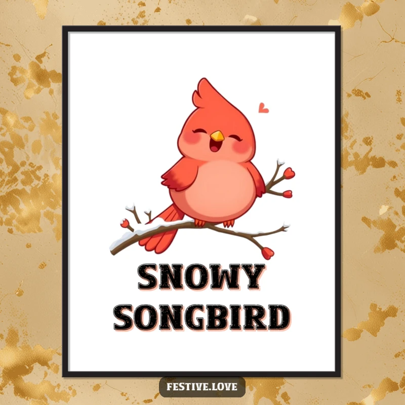 Funny digital art print of a plump, red cardinal character singing joyfully on a snowy branch, winter scene.