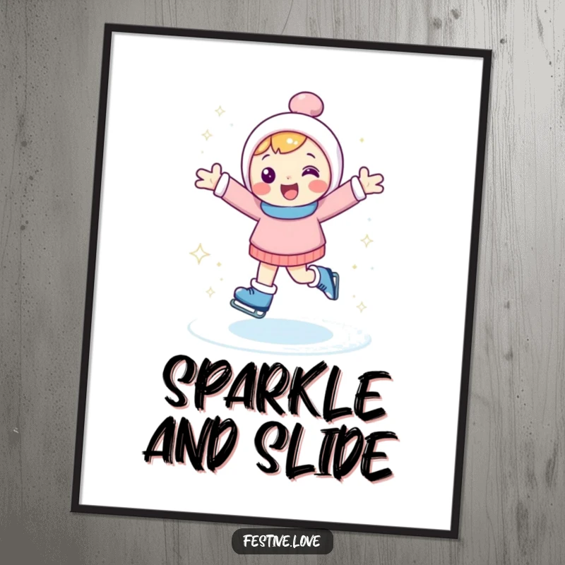 Funny digital art print of a happy character ice skating with arms outstretched, kicking up sparkly ice, ideal for decor.