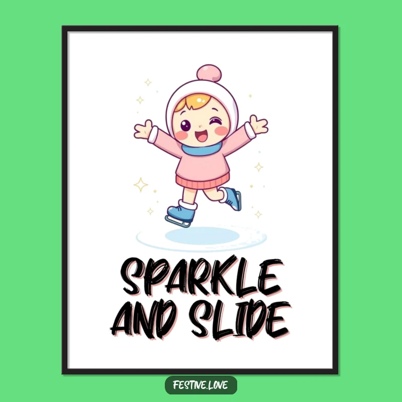 Funny Ice Skating Digital Art: Happy Character Winter Print