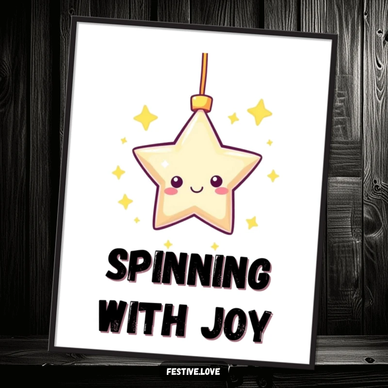 Funny Digital Art Print: A kawaii star ornament happily twinkles and spins, a vibrant and humorous piece for instant wall decor.