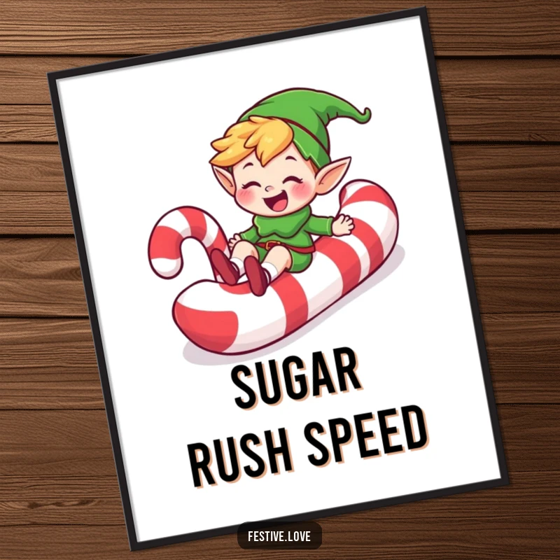 Funny happy elf character grinning while sliding down a giant candy cane, as digital art, a humorous and sweet printable gift.