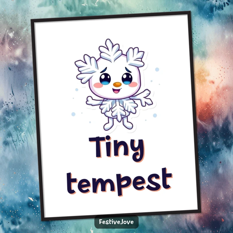 Funny snowflake character digital art print creating a tiny swirl, bringing instant winter whimsy and playful magic to any room.