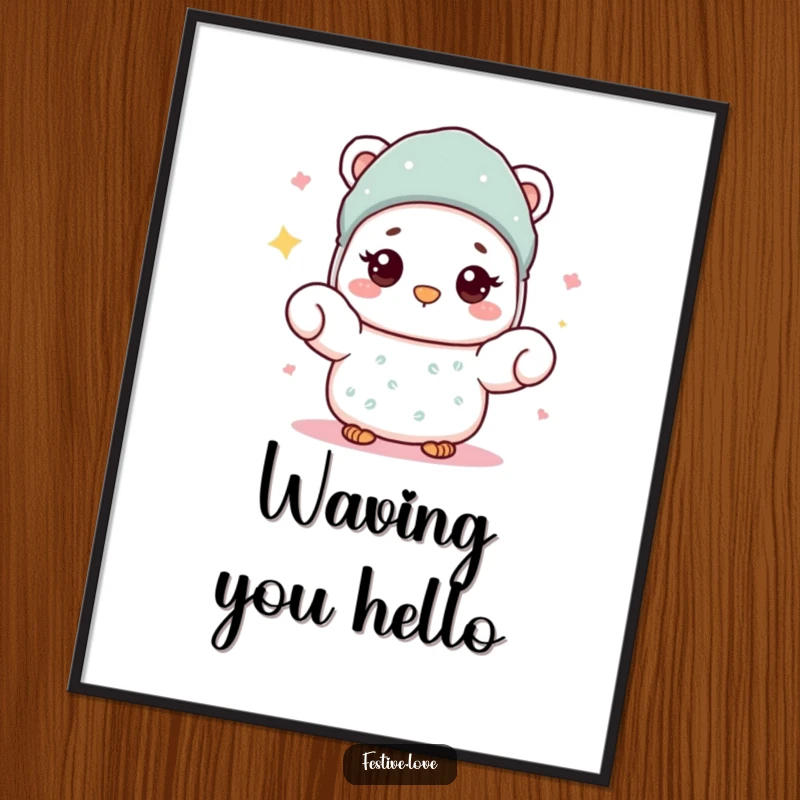 Funny Digital Art Print: A mitten character giving a warm, friendly wave, embodying cozy winter spirit.