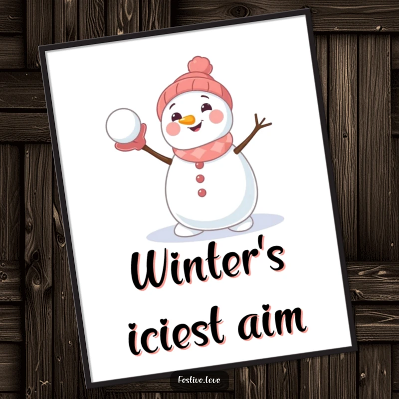 Funny digital art print of a cute snowman character joyfully throwing a snowball, perfect for instant humorous wall decor.