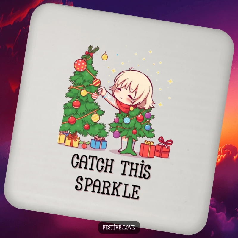 Funny character decorating a Christmas tree, tossing sparkly ornaments, on drink coasters, a humorous and protective holiday accessory.
