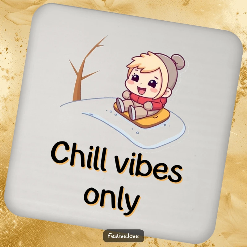 Funny drink coaster with a character sledding down a snowy hill, adding festive winter vibes to tables while preventing moisture damage.
