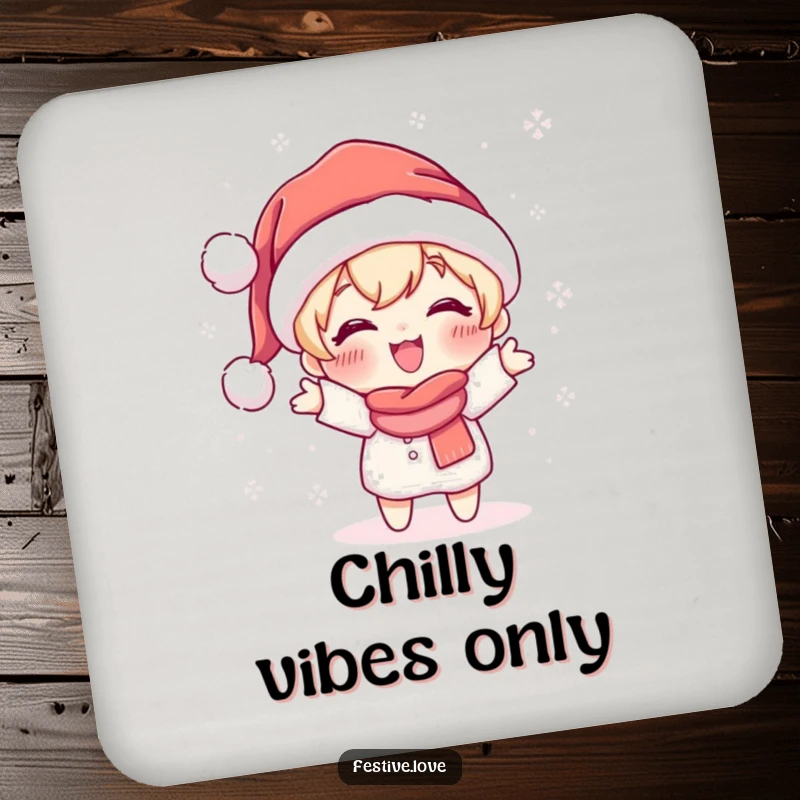 Funny coaster featuring a cute character in a Santa hat joyfully throwing sparkling snowflakes, protecting surfaces with humor.
