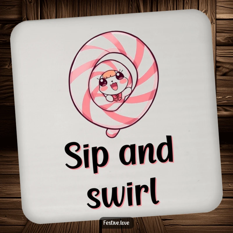 Funny Coaster: A candy cane character spiraling with pure delight, protecting surfaces with festive charm.