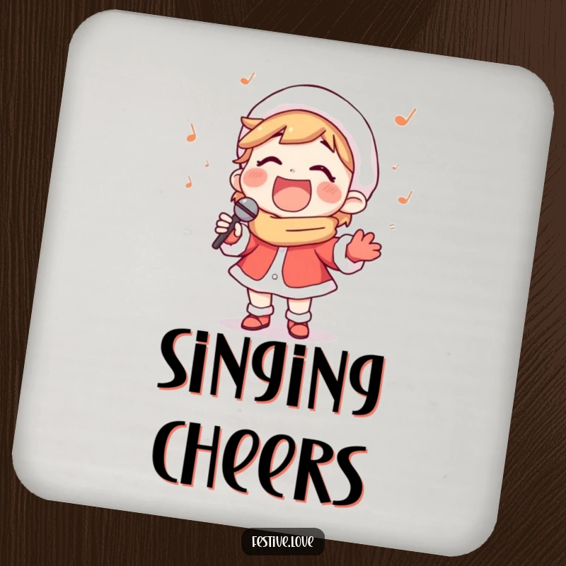 Funny drink coaster featuring a happy carol singer character singing with a wide smile, safeguarding surfaces with holiday cheer.