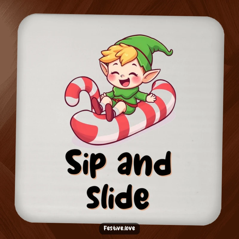 Funny happy elf character sliding down a candy cane with a grin, on drink coasters, a humorous and protective sweet accessory.