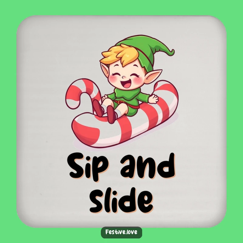 Funny Elf Candy Cane Slide Coaster Set: Protect Surfaces with Sweet Grinning Art Gift!