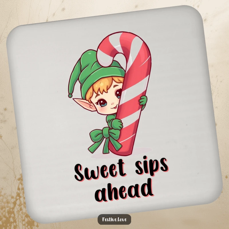 Funny drink coaster featuring a mischievous elf character peeking playfully from behind a large candy cane.