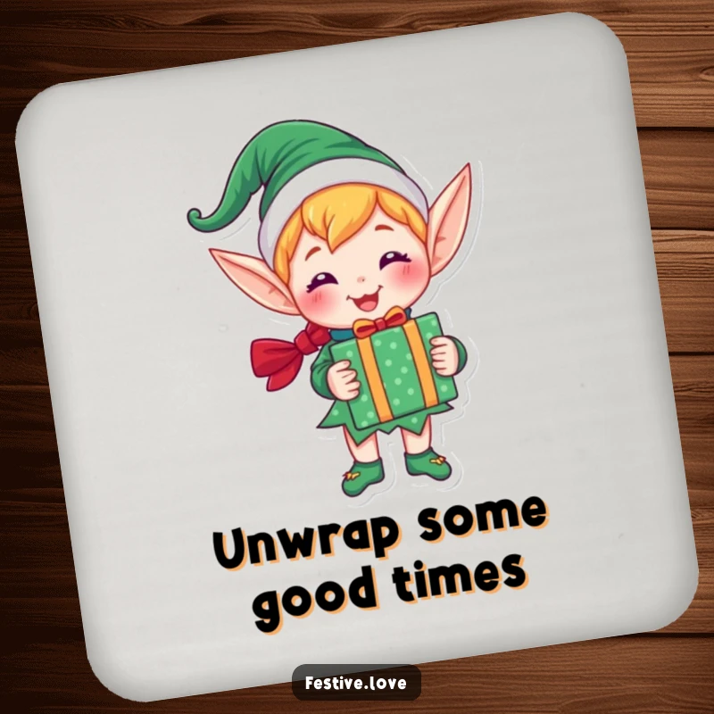 Funny drink coaster featuring a joyful elf character holding a brightly wrapped gift, protecting surfaces with holiday cheer.