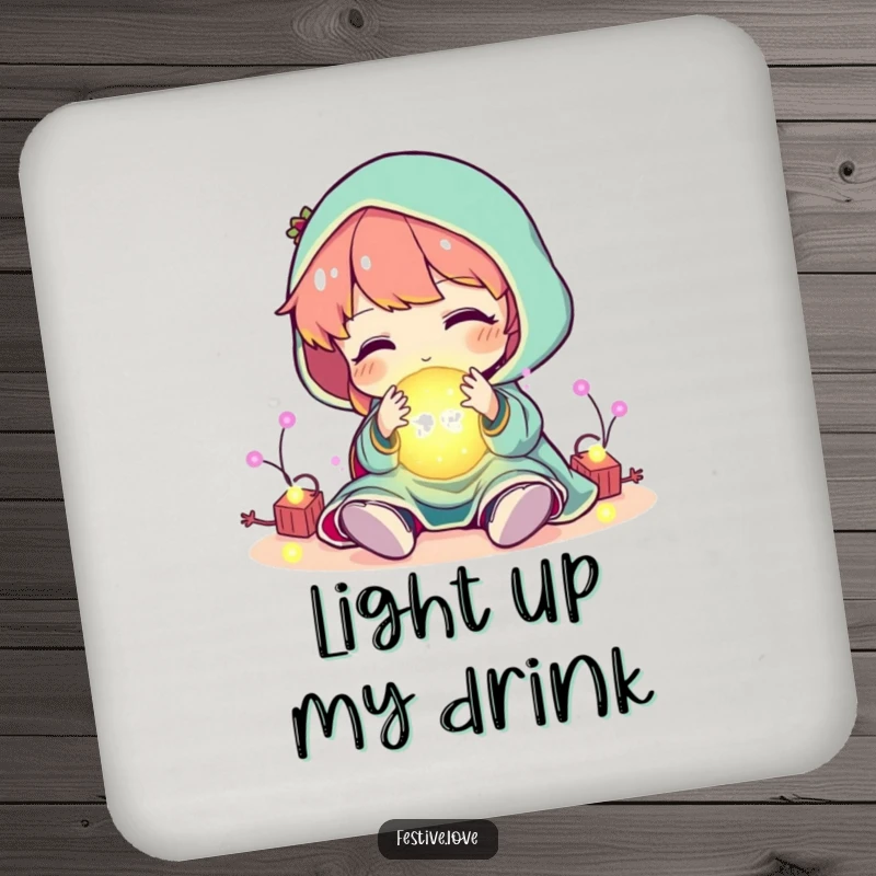 Funny character playing with a ball of glowing, festive lights, on drink coasters, a humorous and protective holiday accessory.