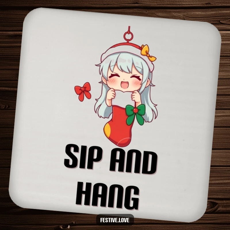 Funny coaster with a character hanging a festive stocking, symbolizing holiday spirit and protecting furniture with humor.
