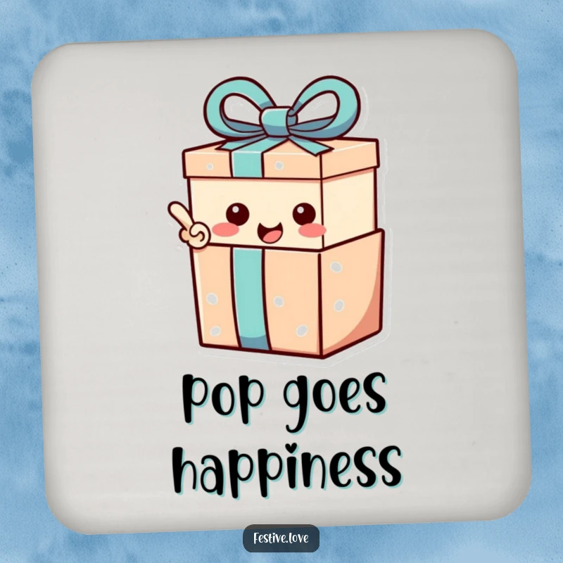 Funny Coaster: A gift box character with a happy exclamation point, offering table protection and surprise.