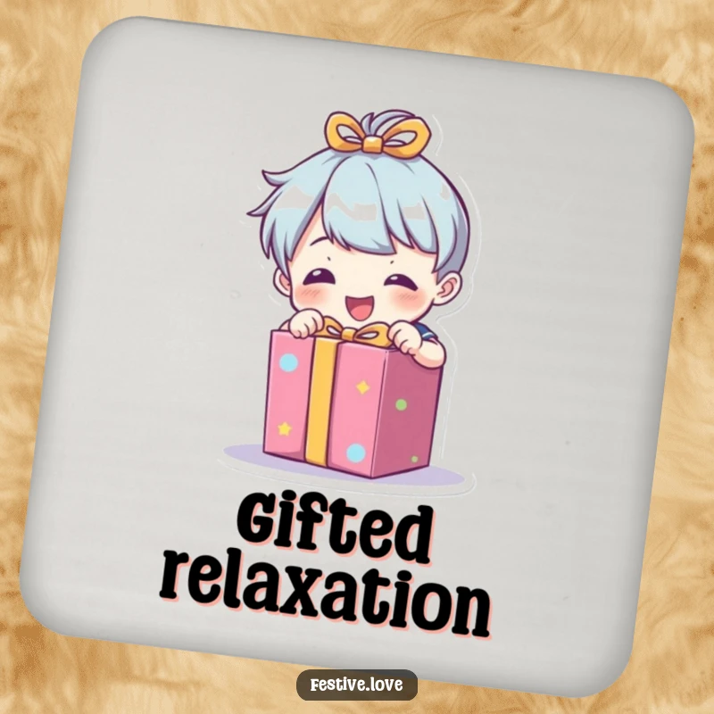Funny coaster featuring a little character enthusiastically unwrapping a brightly colored present, perfect for protecting surfaces.