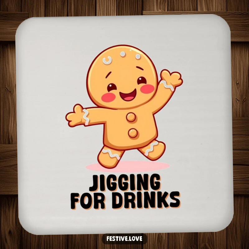 Funny drink coaster featuring a joyful gingerbread cookie character performing a lively jig with festive icing.