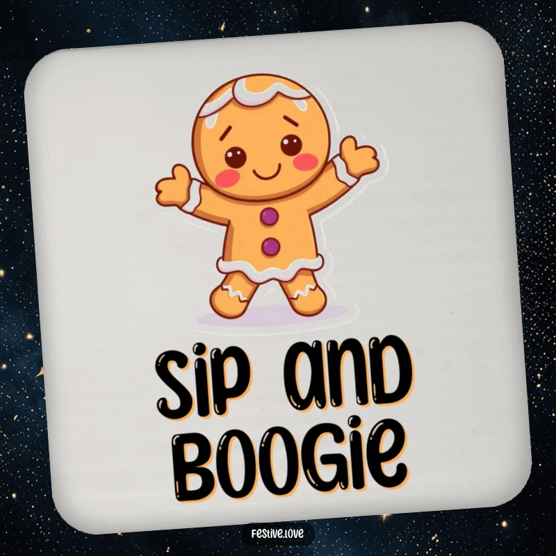 Funny gingerbread man coaster set featuring a smiling character dancing with frosting accents, perfect for tables.