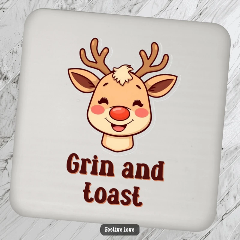 Funny reindeer coasters showcasing a character with rosy cheeks and a big grin, adding festive flair to surface protection.