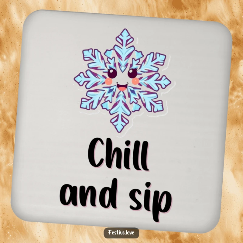 Funny drink coaster with a happy snowflake character, intricate patterns, and a joyful spinning motion.