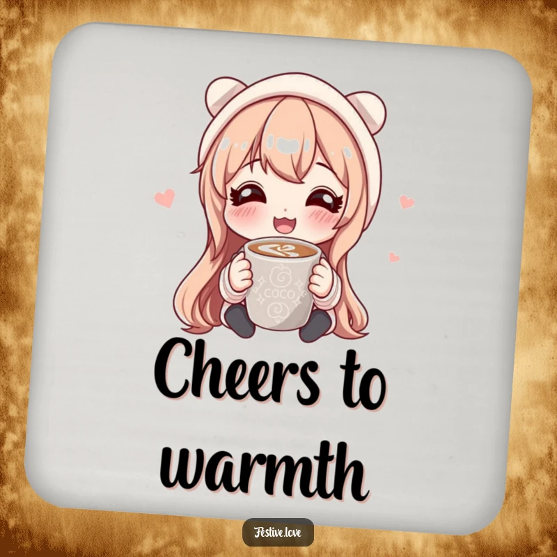 Funny drink coaster with a character sharing hot cocoa, adding cozy vibes to tables while protecting surfaces from moisture.