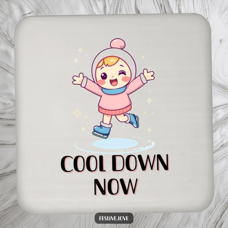 Funny coaster featuring a happy character ice skating with arms outstretched, kicking up sparkly ice, perfect for protecting surfaces.