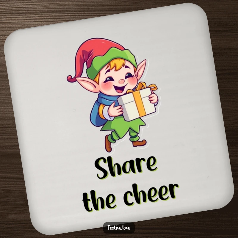 Funny jolly elf drink coaster featuring a happy cartoon elf character delivering a gift with a big grin, protecting surfaces.