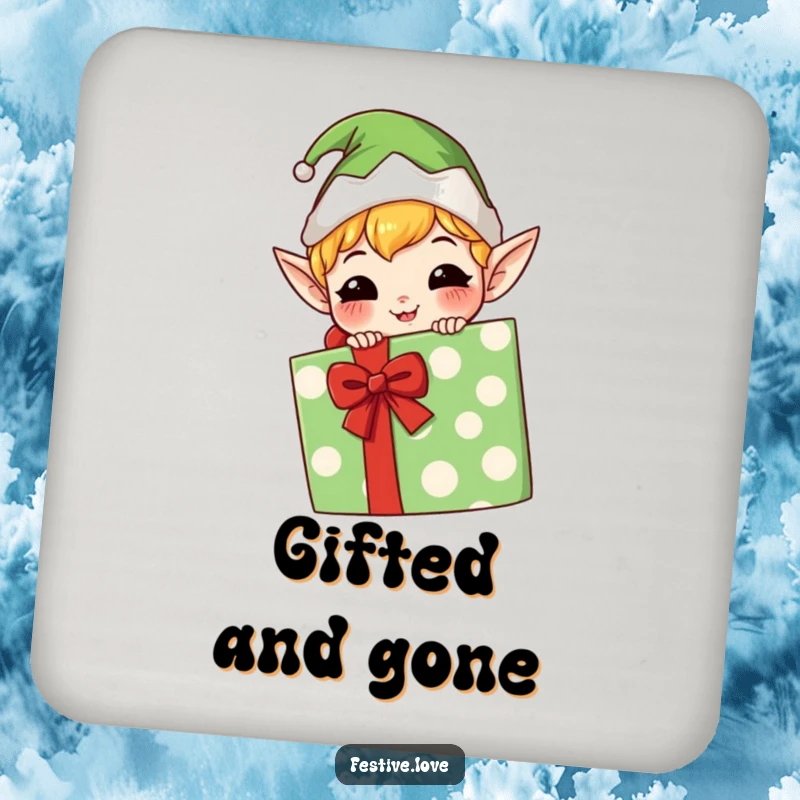Funny kawaii elf drink coaster, mischievous grin, hiding behind a gift, protecting surfaces with cute and humorous design.