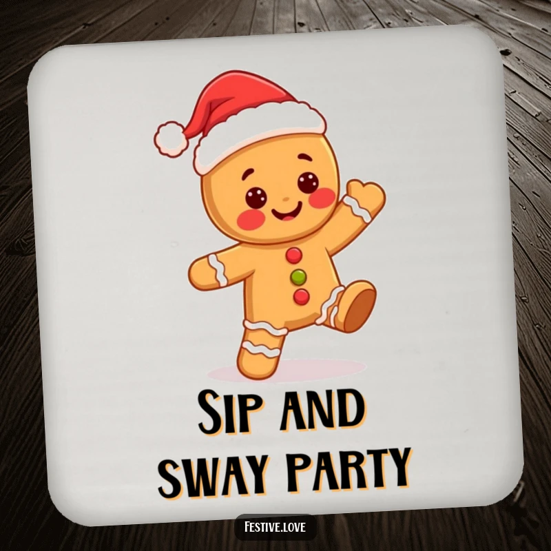 Funny kawaii gingerbread man in a Santa hat, doing a jolly dance, featured on a protective and festive drink coaster.