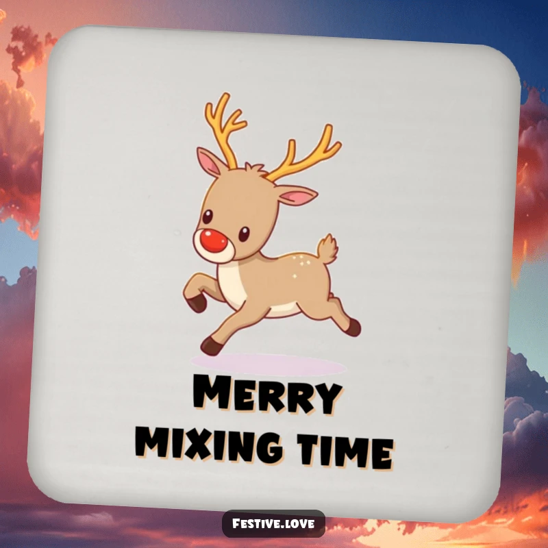 Funny kawaii reindeer with twinkling antlers, prancing gleefully, featured on a protective and festive drink coaster.