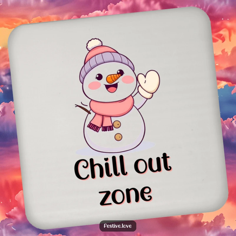 Funny kawaii snowman with a carrot nose, energetically waving a mitten, featured on a protective and cheerful drink coaster.