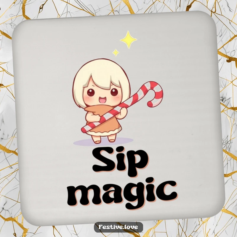 Funny drink coaster with a character holding a candy cane like a magic wand, eyes sparkling, perfect for adding holiday magic to drinks.